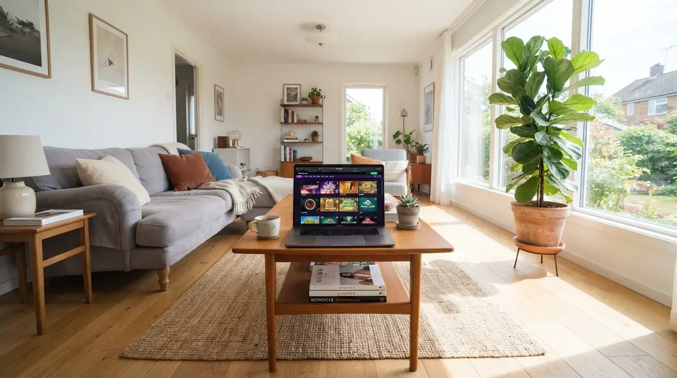 Vista amplia de una sala de estar luminosa con un sofá, una planta grande y un portátil abierto sobre la mesa baja.